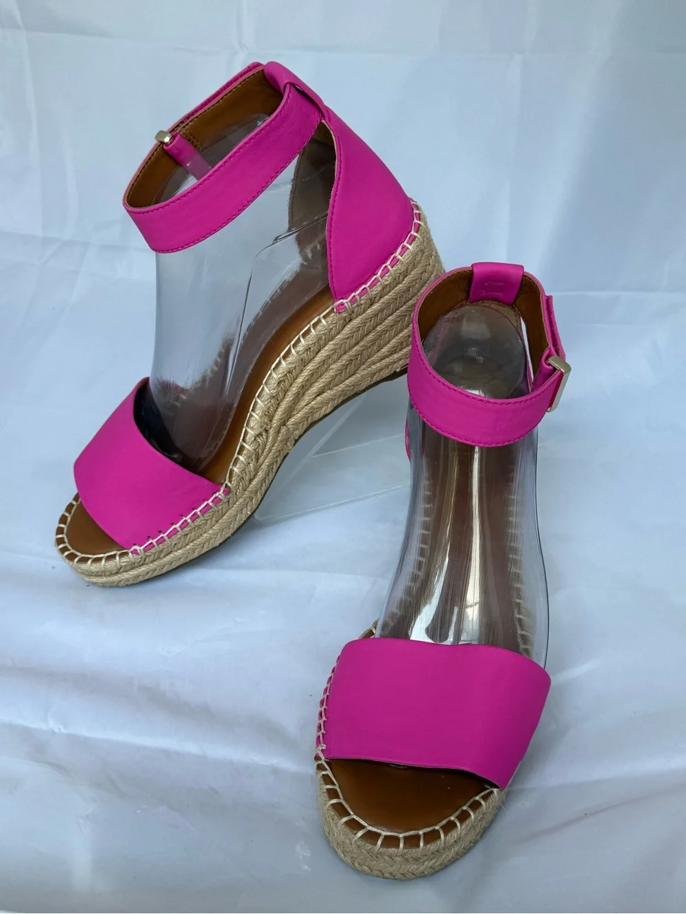 Franco Sarto Clemens Raffia Espadrille Wedge Sandal Pink Leather Size 8.5 with